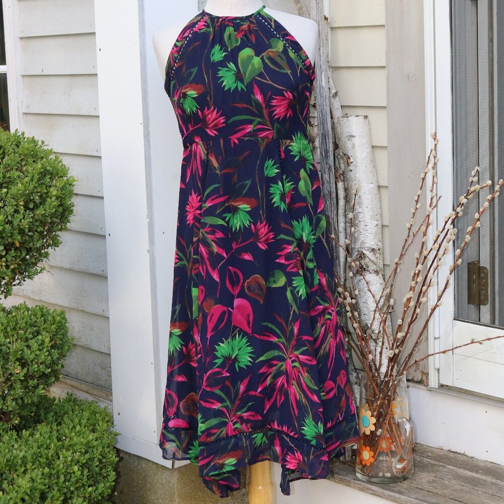 Just Taylor Navy Blue w Pink Green Floral Halter Cutout Lace Chiffon Dress Sz 2